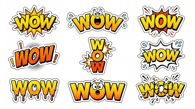 Set of nine vibrant comic style wow speech bubbles and stickers featuring pop art halftone patterns for expressive graphic designs.