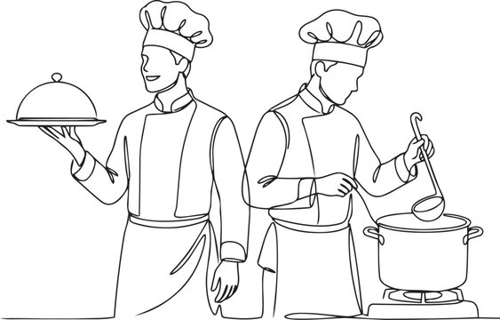 Two chefs cooking and serving food in a professional kitchen