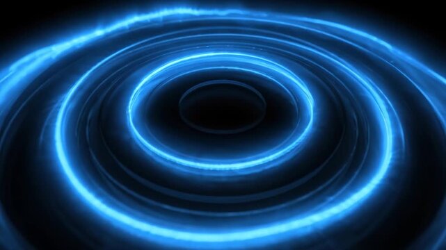 Glowing blue neon rings form circular banner on black background. Radiant concentric circles create luminous portal with resonance and infinity for innovation visual, futuristic advertising. 3d render