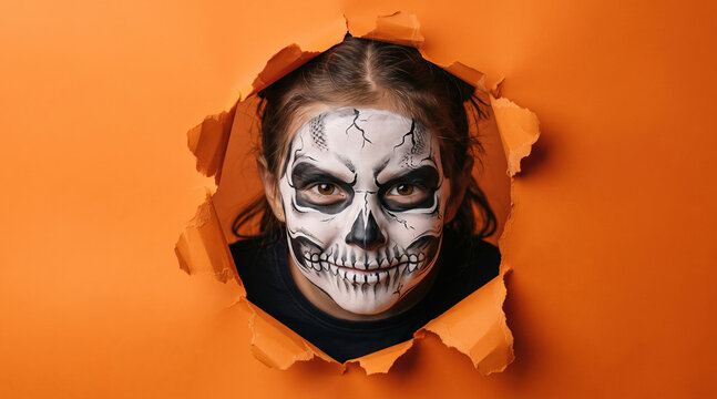 Young girl with skull face paint looking through a hole in orange paper, spooky holiday costume, dramatic lighting. Halloween, creepy portrait, celebration, party decoration.