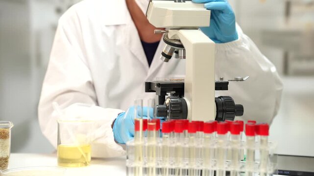 Scientist in a white lab coat and blue gloves using a microscope beside rows of test tubes with red caps in a bright research laboratory.