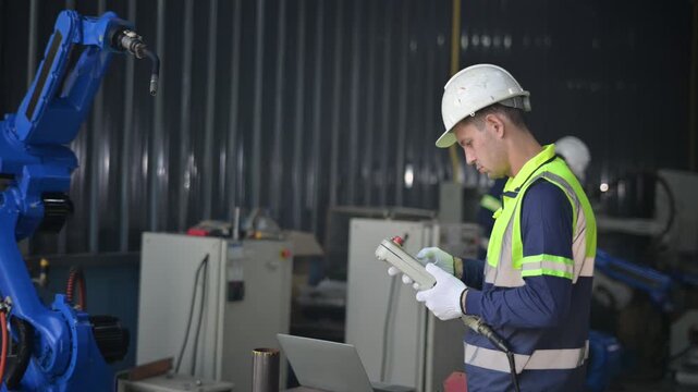 Industrial automation engineer controlling robotic arm in a factory
