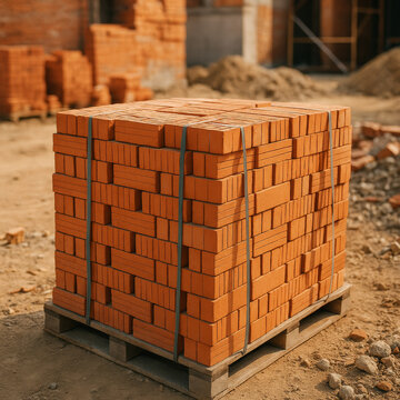 Orange construction bricks form neat stack on wooden pallet