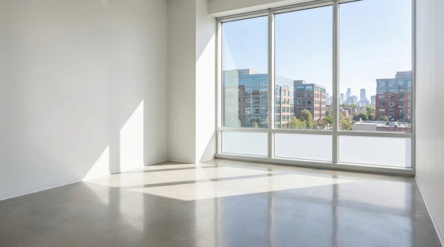 Empty modern office space with large windows and city view.