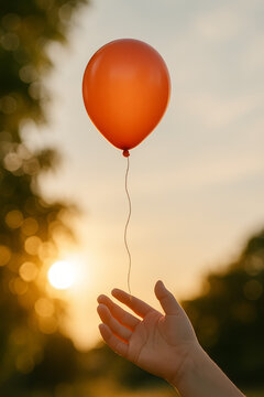Orange balloon floats above open hand in golden evening sky