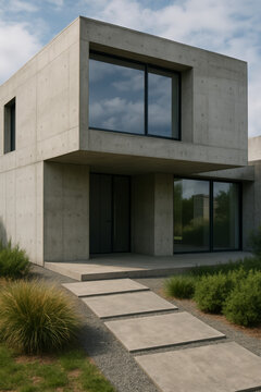 Cubic concrete house projects upper floor above recessed glass entrance