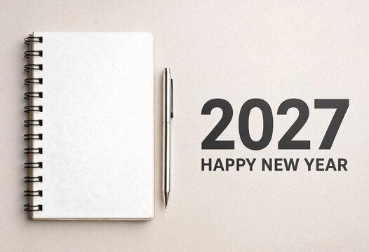 Blank notebook and pen beside the year 2027 during a clean studio setting for planning