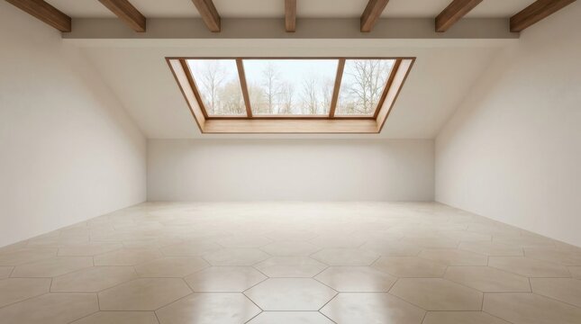Empty spacious attic room with a large skylight window showing trees.