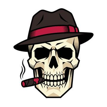 Stylized Skull With Fedora And Cigar Illustration.