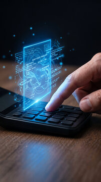 Hand pressing buttons on a digital calculator with a holographic display of data and graphs emerging above the device on a wooden surface