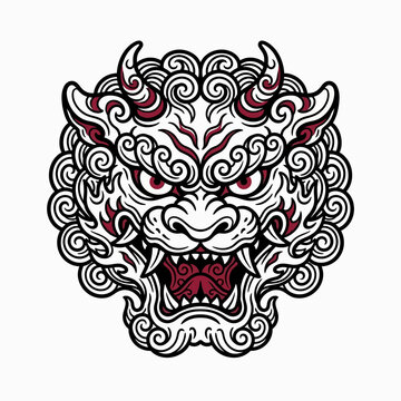 Intricate Mythic Demon Mask Head with Ornate Linework.