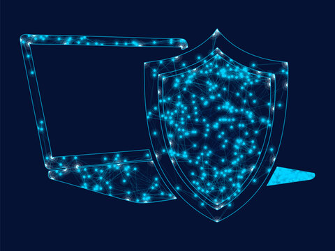 Glowing digital shield protecting laptop computer with bright neon light particles