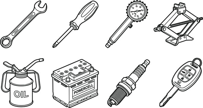 Car repair and auto mechanic tools icons set featuring wrench screwdriver car battery jack and spark plug on white background