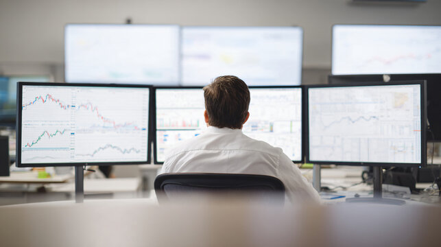 professional financial analyst reviewing market research on multiple monitors in a modern office, realistic workplace environment, screens intentionally out of focus,
