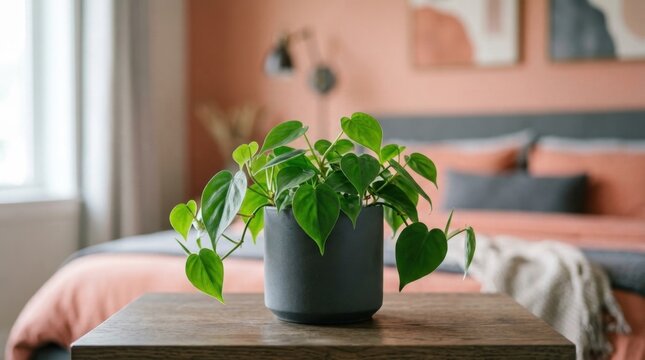Green heartleaf philodendron plant in dark gray pot on wooden table indoors.