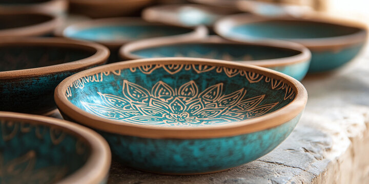 Intricate mandala pattern design on artisan pottery bowl, handcrafted ceramic tableware in turquoise and brown glaze, traditional artisan craft object for interior decoration, culture, and design. 195