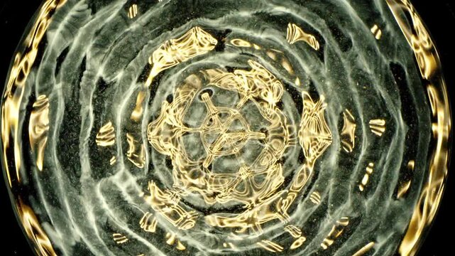 Cymatics wave patterns created by sound frequencies in liquid, forming complex symmetrical golden structures and concentric ripples on a dark background.