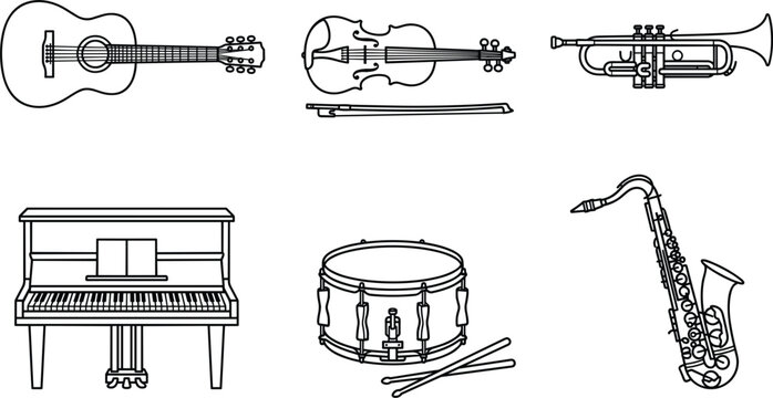 Minimalist outline icons of musical instruments including guitar piano violin trumpet saxophone and drum set on white background