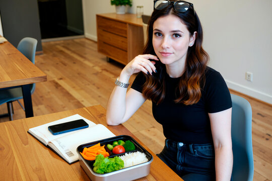 Portrait of young adult Caucasian woman sitting at office desk with healthy lunch box, smiling at camera. Image ideal for corporate wellness programs and balanced lifestyle marketing