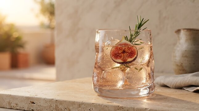 A refreshing iced cocktail garnished with fresh fig slice and rosemary sprig iced drink rosemary garnish refreshing beverage summer drink ice cubes cocktail glassware mixology aperitif