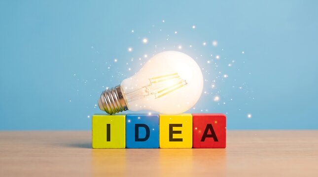 Light bulb glowing on colorful wooden blocks with the word idea