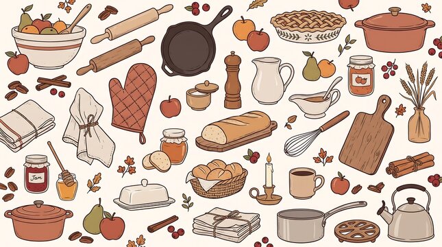 Cozy autumn kitchen elements and baking utensils pattern