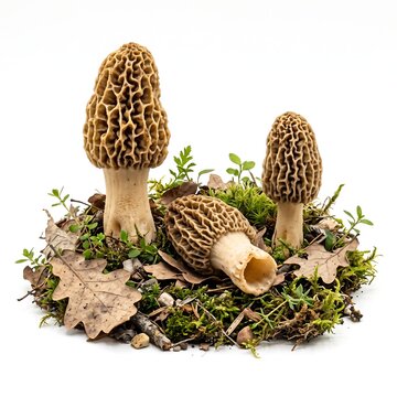 Fresh morel mushrooms isolated on white background