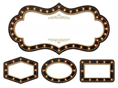 Set of vintage marquee light frames with glowing bulbs isolated on white background
