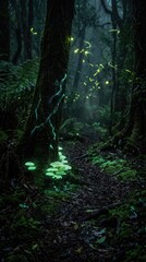 Fototapeta premium Bioluminescent woodland magic: glowing mushroom, enchanted forest, mystical path, firefly swarm, ethereal energy, mossy trunk, dark wilderness, night fantasy, secret grove.