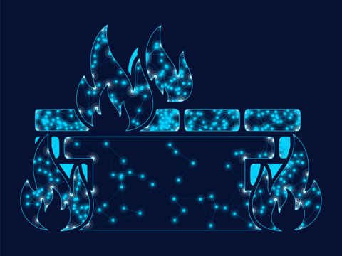 Digital network firewall icon glowing with bright blue light particles