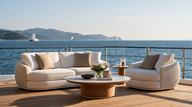 Glass railing alongside luxury yacht aft deck seating area, deep sea beyond, polished teak surface, marine lifestyle, high end nautical design, private vessel amenity, sailing