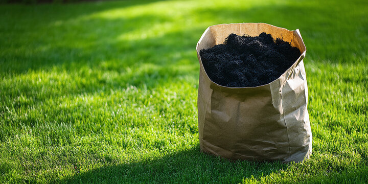 Large heavy paper bag filled with black biochar sitting on green grass in a sunny garden setting. Eco-friendly organic amendment for soil health, carbon sequestration, and sustainable agriculture