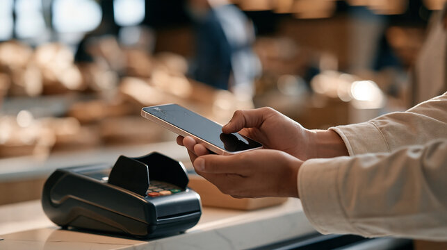Close up of a cracked phone screen successfully completing an NFC payment at a supermarket reader despite screen damage, resilience of contactless technology concept, retail