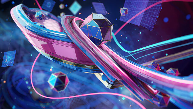 Dynamic futuristic space capsule design with neon glowing rings and geometric shapes