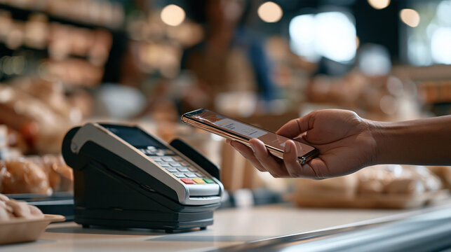 Close up of a cracked phone screen successfully completing an NFC payment at a supermarket reader despite screen damage, resilience of contactless technology concept, retail
