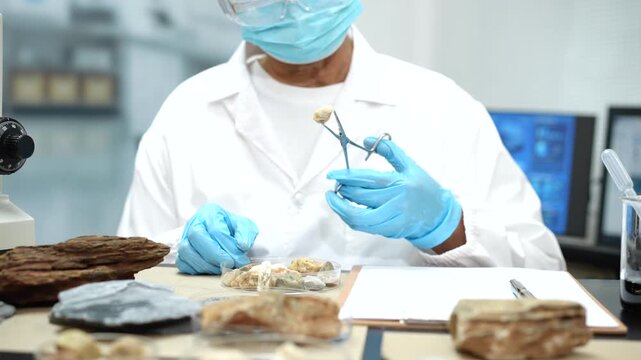 Masked scientist in a white lab coat examines natural samples with tweezers in a laboratory, with rocks, wood pieces, microscope and computer nearby.