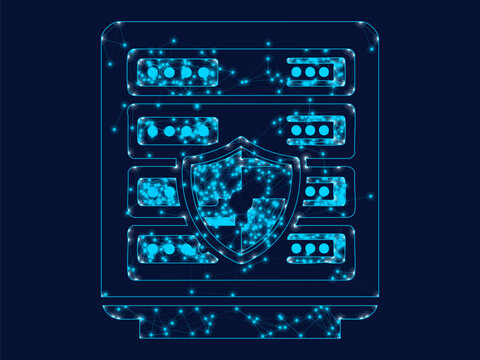Glowing server rack icon protected by blue digital security shield graphics