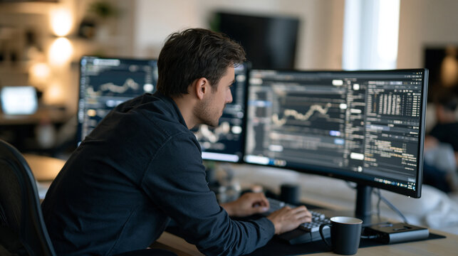 Finnish blockchain developer hunched over a mechanical keyboard in a minimalist home office, multiple wallet interfaces visible across ultrawide displays, cold storage hardware
