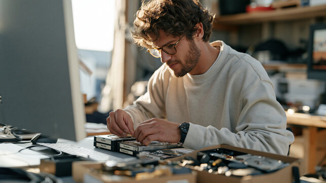 A visual effects artist sorts labeled footage drives by category in a quiet rural editing barn, a box of spare hard drive components and adapters open beside the workstation,