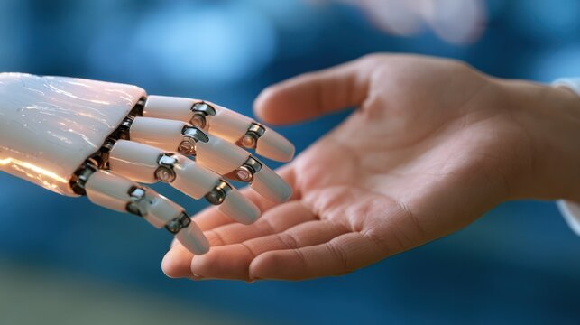 The collaboration between human and robot, a hand reaching out to a robotic hand, symbolizes the future of technology and partnership