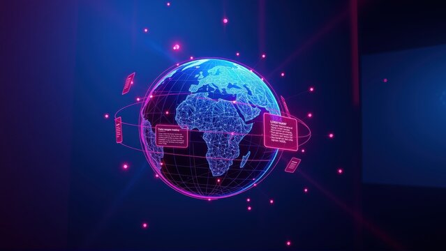 Digital globe visualization. Blue continents outlined with pink neon grid. Data streams surround planet, futuristic concept.