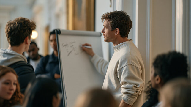 An Irish economics lecturer writes supply and demand curves freehand on a portable whiteboard during an impromptu tutorial session in a corridor alcove surrounded by small groups