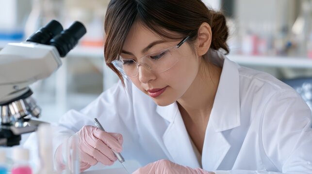 A woman in a lab coat and safety glasses working intently with a microscope in a laboratory. She is wearing pink gloves and holding a tool, focused on her scientific research