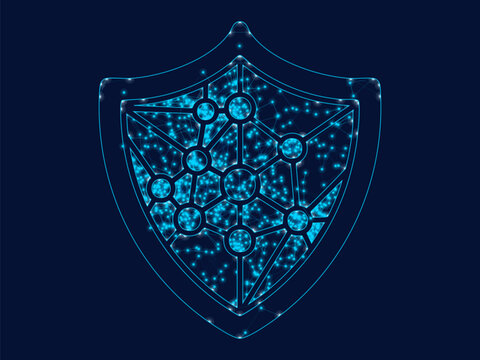 Glowing digital shield symbol representing advanced cybersecurity protection and data safety