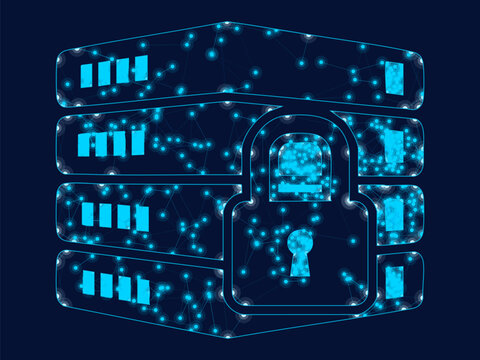 Glowing digital server rack protected by secure blue data lock icon
