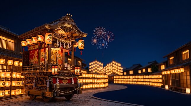 3D Chichibu Night Festival artwork with an illuminated traditional float and lantern decorations.