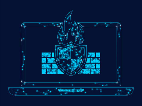 Glowing digital firewall protection symbol displayed on a laptop screen surface