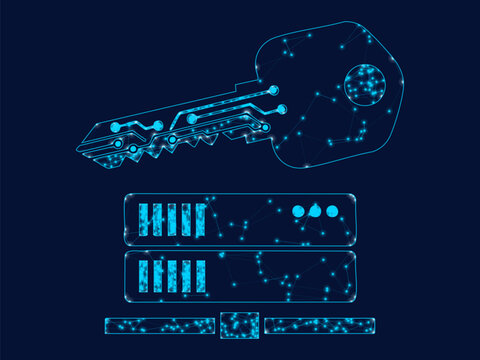 Digital key icon glowing with neon blue network connection data lines
