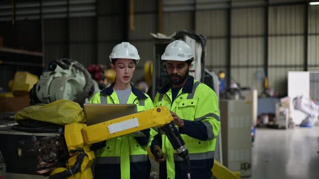 Two engineers programming robotic arm in factory