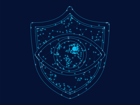 Glowing digital shield symbol with central eye protecting sensitive data information